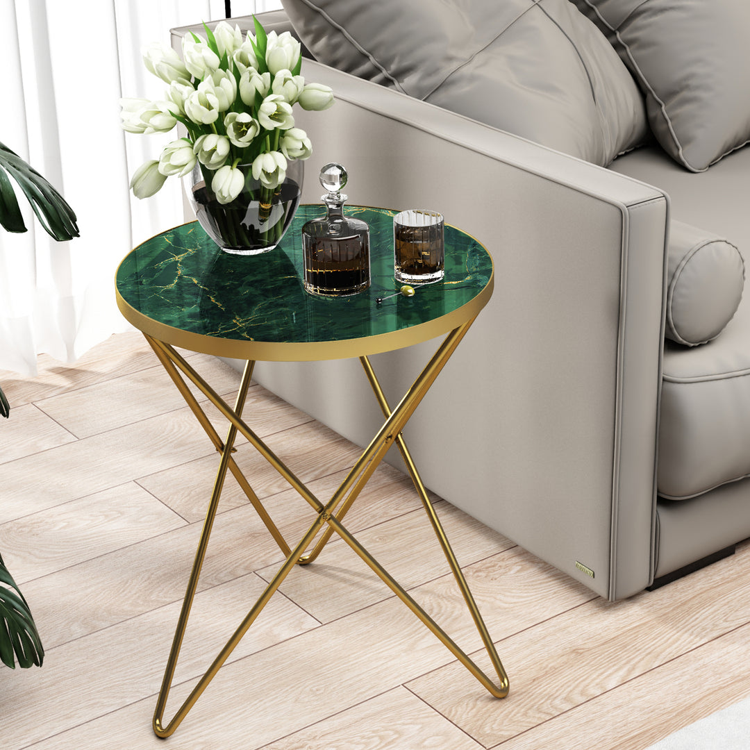 HLR® Modern Round Side End Table – Green Marble Top & Gold Metal Frame – Sleek Luxury Accent for Living Room & Bedroom