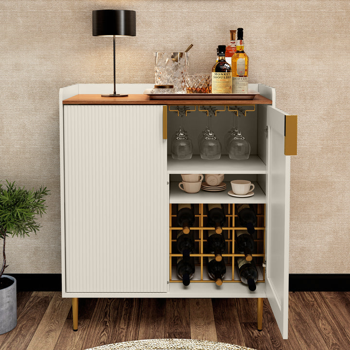 HLR® Coffee Bar Cabinet with Wine Racks – Fluted Texture Liquor Cabinet Modern Sideboard Buffet for Kitchen, Dining & Living Room