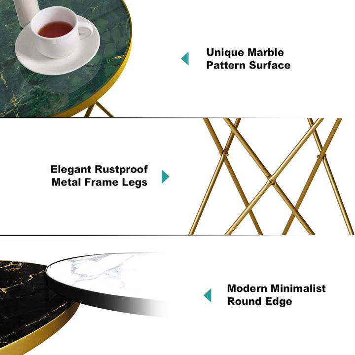 HLR® Modern Round Side End Table – Green Marble Top & Gold Metal Frame – Sleek Luxury Accent for Living Room & Bedroom