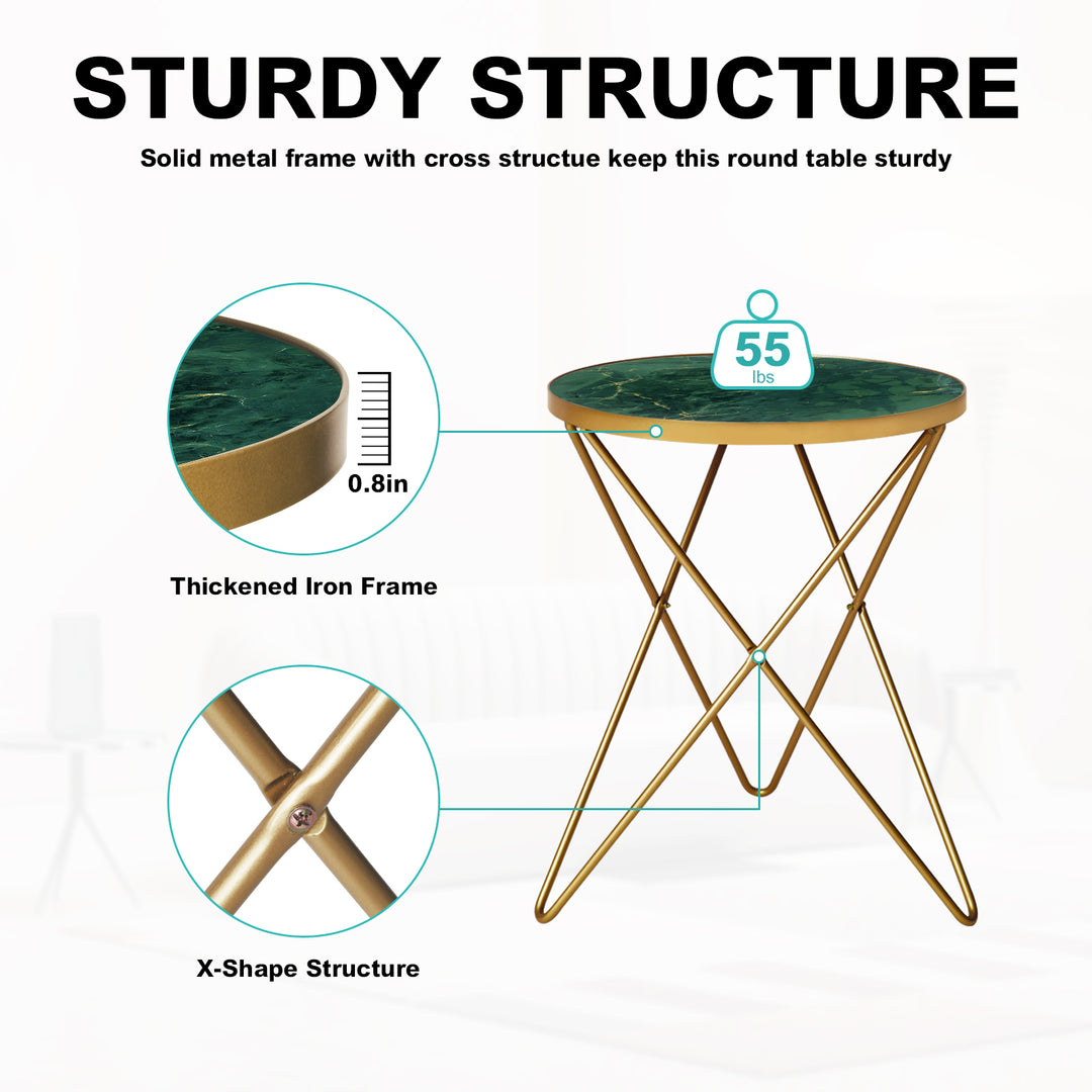HLR® Modern Round Side End Table – Green Marble Top & Gold Metal Frame – Sleek Luxury Accent for Living Room & Bedroom