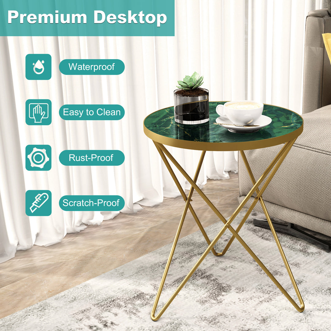 HLR® Modern Round Side End Table – Green Marble Top & Gold Metal Frame – Sleek Luxury Accent for Living Room & Bedroom