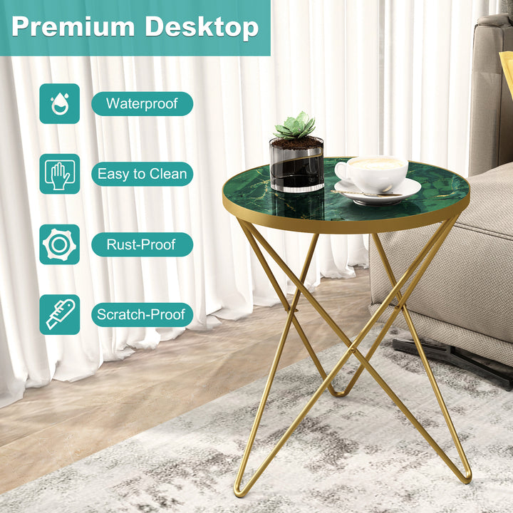 HLR® Modern Round Side End Table – Green Marble Top & Gold Metal Frame – Sleek Luxury Accent for Living Room & Bedroom