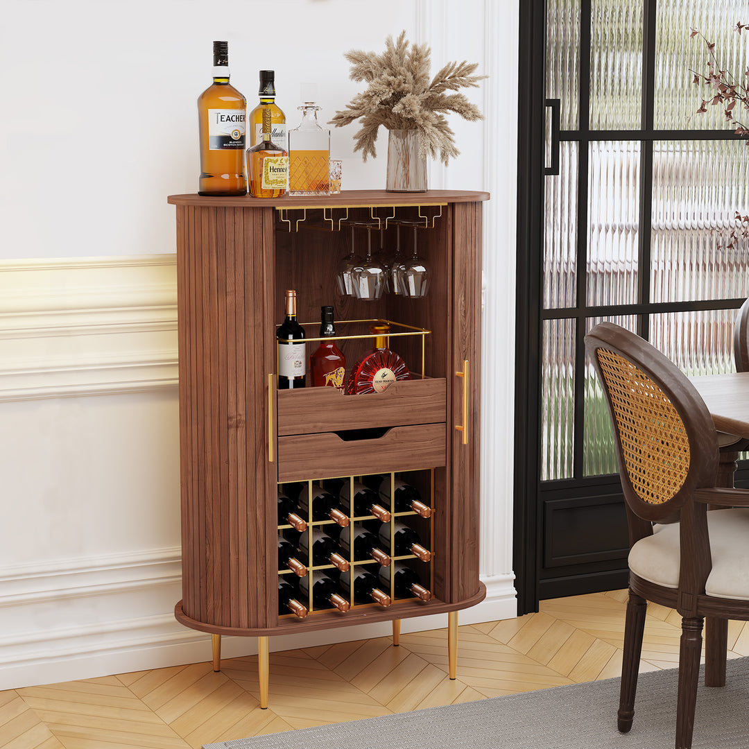 HLR® Modern Tambour Door Coffee Bar Cabinet with Wine Rack, Glass Holder & Spacious Storage for Living Room & Dining Area