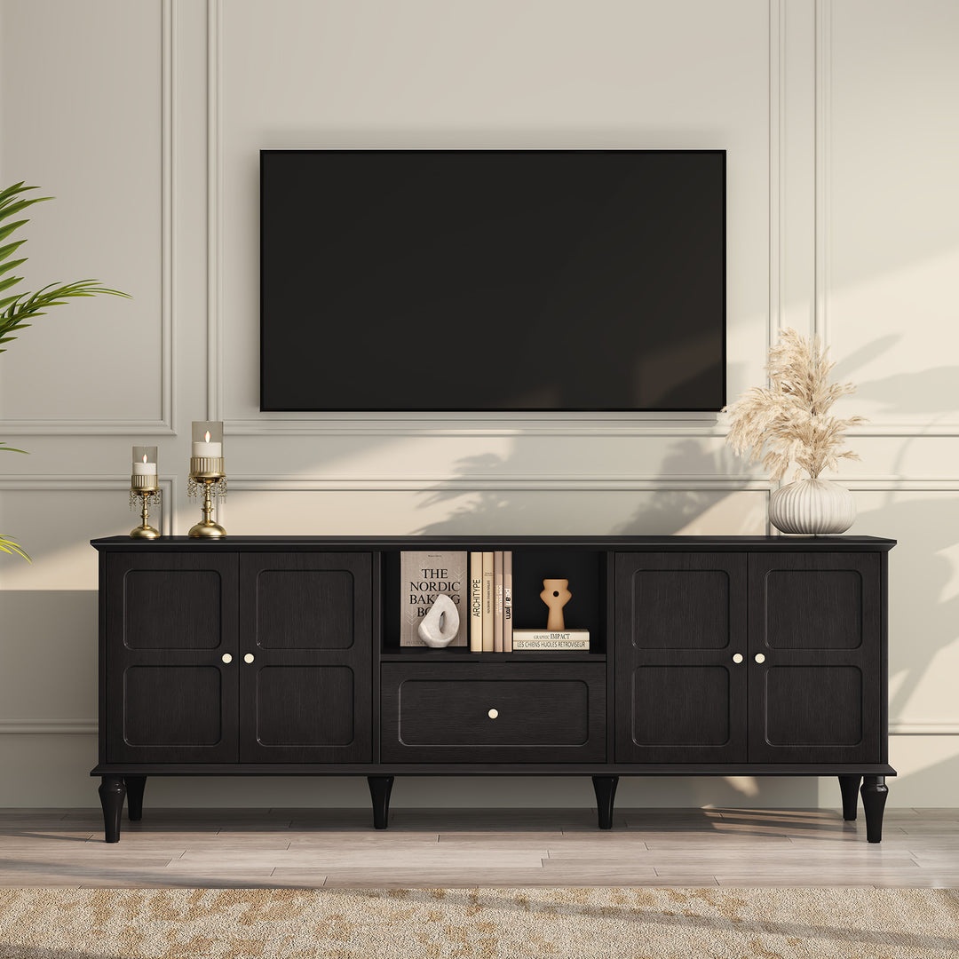 HLR® 67"Mid-Century Modern TV Stand for 75" TVs – Retro Walnut Media Console with 3 Doors, 2 Drawers & Adjustable Shelves