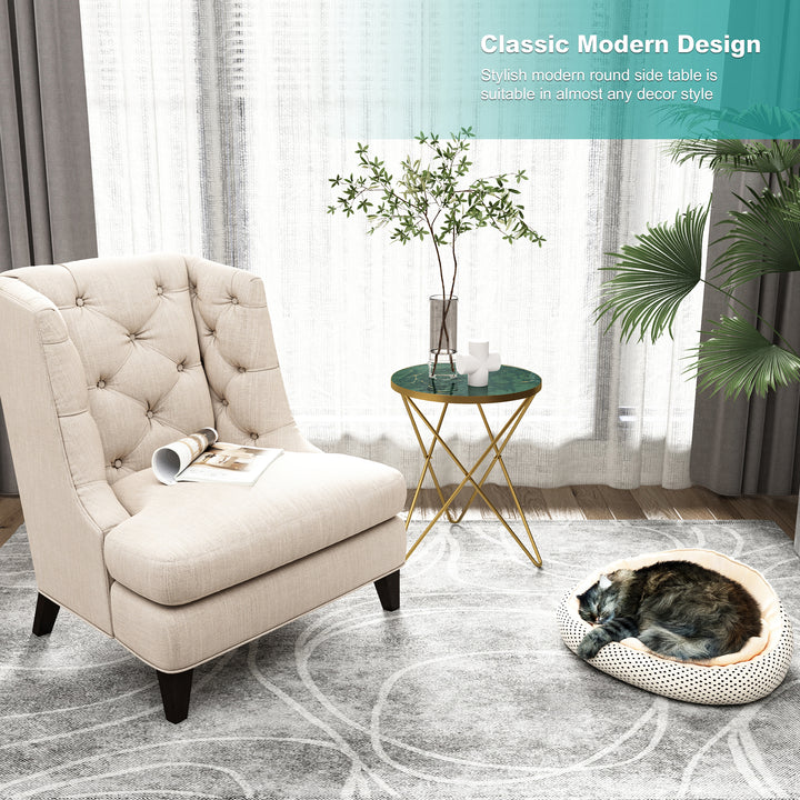 HLR® Modern Round Side End Table – Green Marble Top & Gold Metal Frame – Sleek Luxury Accent for Living Room & Bedroom