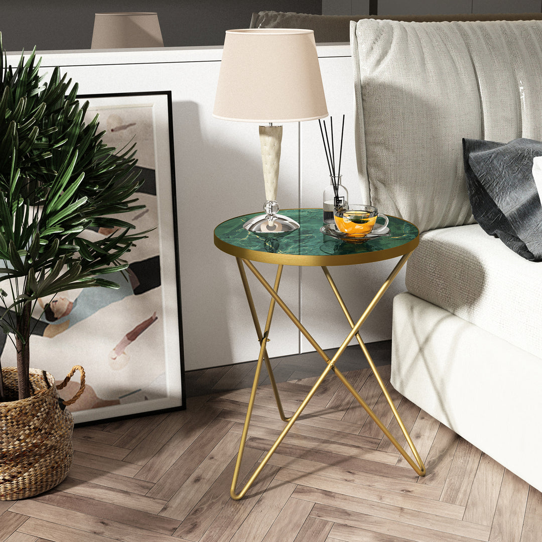 HLR® Modern Round Side End Table – Green Marble Top & Gold Metal Frame – Sleek Luxury Accent for Living Room & Bedroom