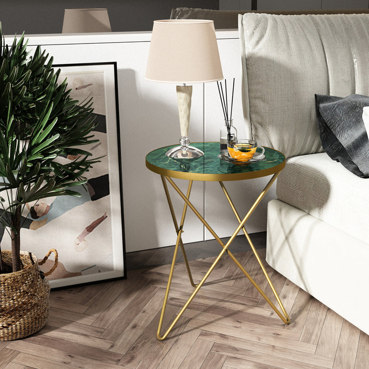 HLR® Modern Round Side End Table – Green Marble Top & Gold Metal Frame – Sleek Luxury Accent for Living Room & Bedroom