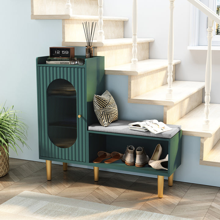 HLR® Modern Shoe Cabinet Bench – Glass Door, Shelf & Padded Seat – Multifunctional Storage for Entryway & Hallway