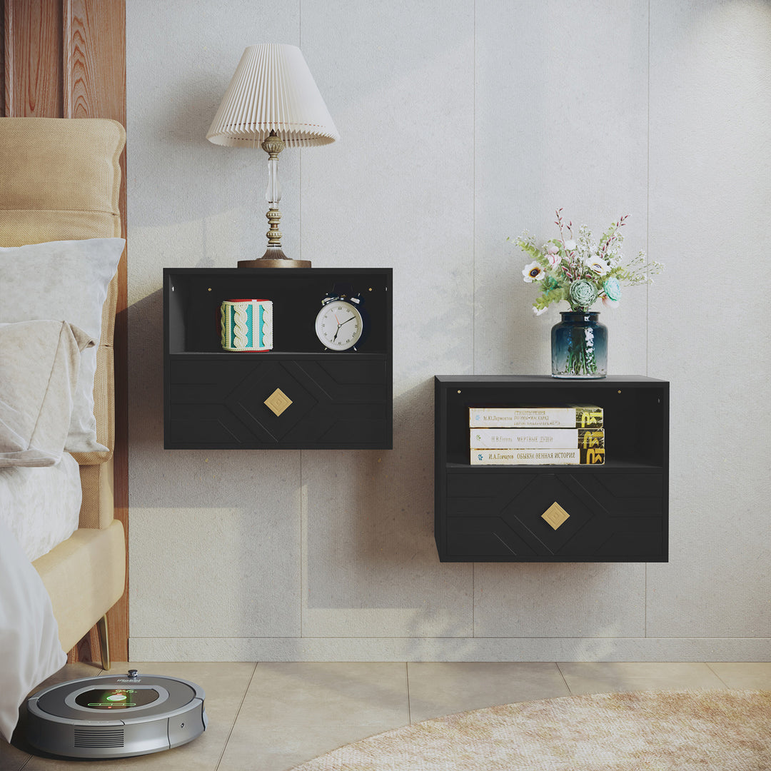 HLR® Modern Floating Nightstand Set of 2 with Drawer & Embossed Design – Wall-Mounted Bedside Tables with Storage for Bedroom