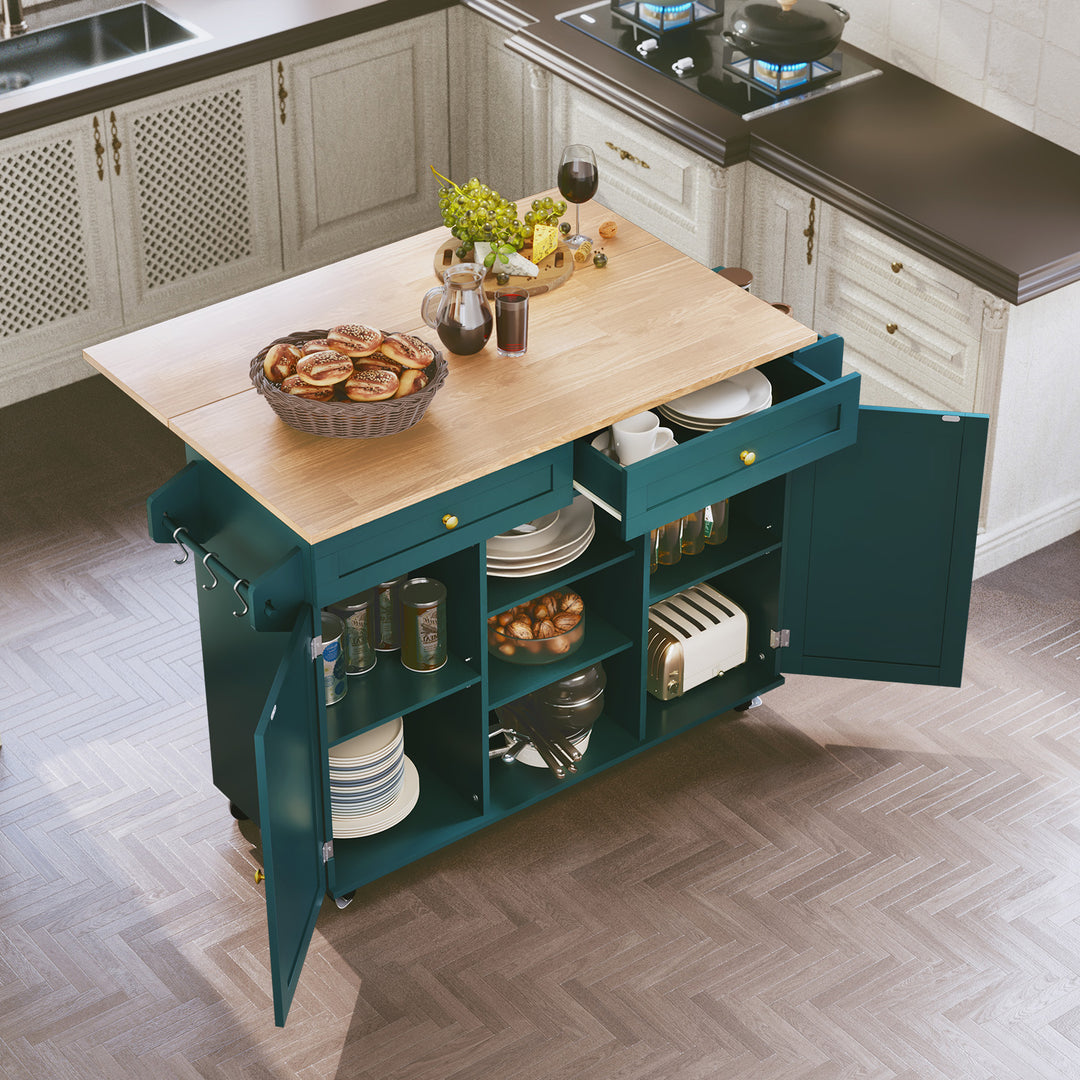 HLR® Rolling Kitchen Island with Drop-Leaf Countertop & Barn Door Design – Mobile Cart with Storage Cabinet & Tower Rack for Kitchen