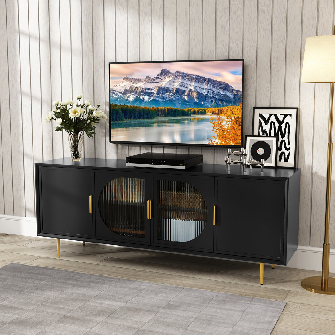 HLR® Modern TV Stand for TVs Up to 70" with Glass-Door Console & Gold Legs – Wooden Entertainment Center for Living & Bedroom