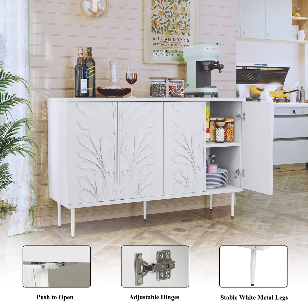HLR® 47.24''W Modern Credenza Sideboard – 4-Door 3D Floral Design Storage Cabinet for Dining & Kitchen