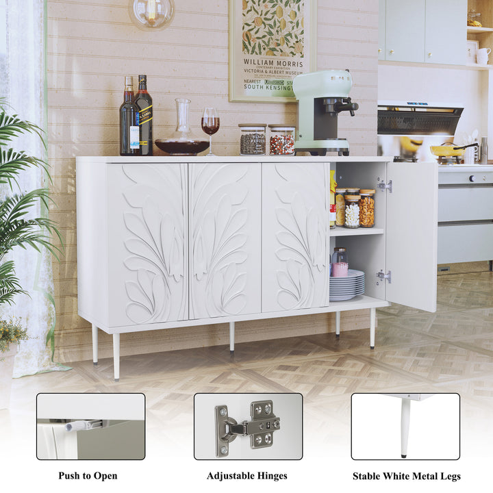HLR® 47.24''W Modern Credenza Sideboard – 4-Door 3D Floral Design Storage Cabinet for Dining & Kitchen