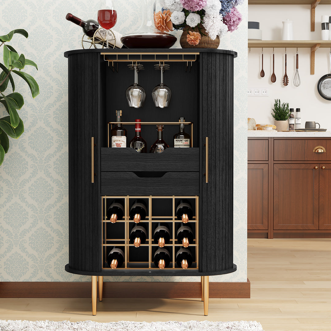 HLR® Modern Tambour Door Coffee Bar Cabinet with Wine Rack, Glass Holder & Spacious Storage for Living Room & Dining Area