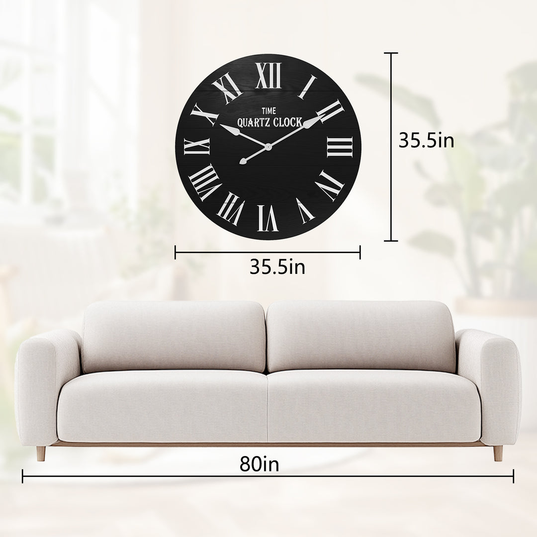 HLR® 35.5" Oversized Farmhouse Shiplap Wall Clock – Roman Numerals, Quiet Non-Ticking Decor for Living Room, Bedroom & More