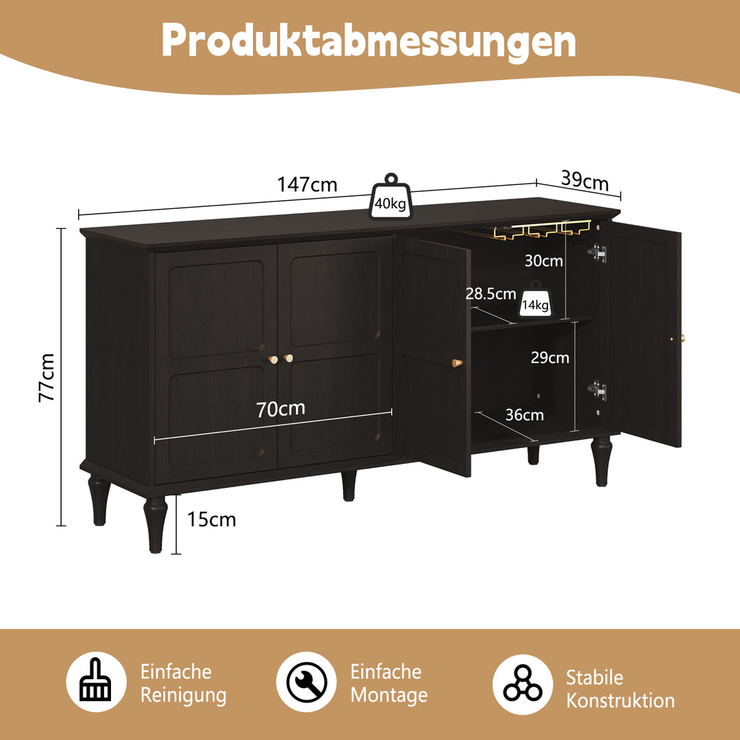 HLR® Mid Century 58'' Wooden Sideboard Buffet Cabinet – 4-Door Storage for Living, Dining & Bedroom