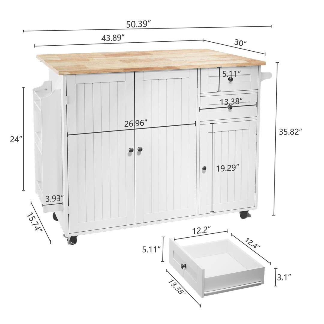 HLR® 50.4" Multifunctional Wooden Kitchen Island – 3 Doors, 2 Drawers, Spice Rack & Storage (Prep & Organization Cart)