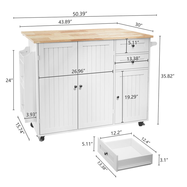HLR® 50.4" Multifunctional Wooden Kitchen Island – 3 Doors, 2 Drawers, Spice Rack & Storage (Prep & Organization Cart)