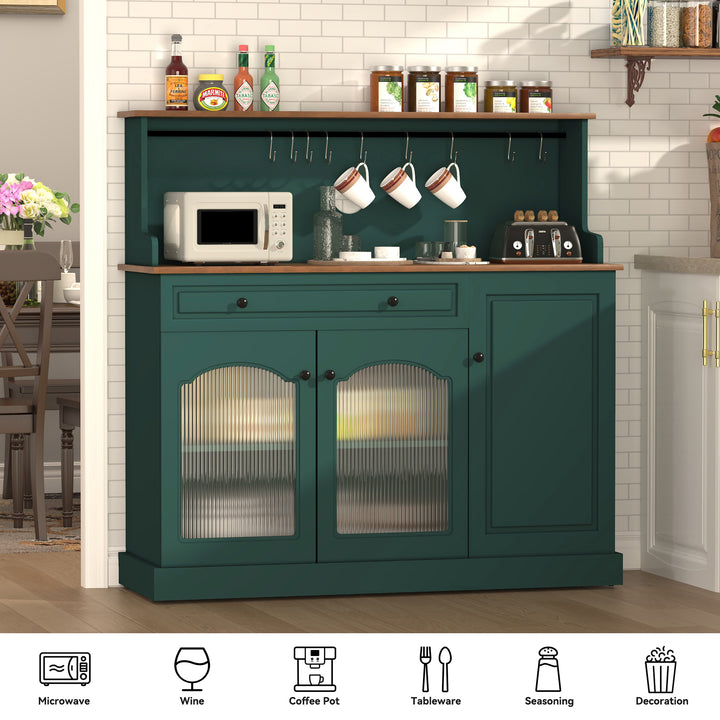 HLR® 48" Farmhouse-Style Kitchen Pantry with Glass Doors & Drawer – Wood Coffee Bar Cabinet with Microwave Hutch for Living & Dining Rooms