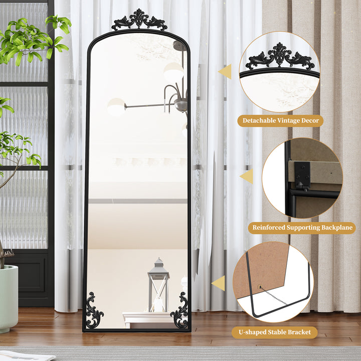 HLR® Arched Full Length Floor Mirror with Carved Metal Frame – 65" Tall – Stylish Home Decor for Bedroom, Dressing Room & Entryway