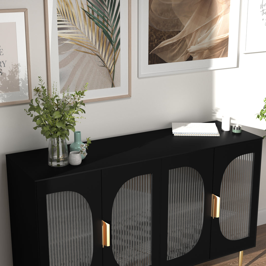 HLR® Wood Accent Sideboard Buffet with 4-Glass Door Storage – Stylish Organizer for Dining, Kitchen, Living Room & Hallway