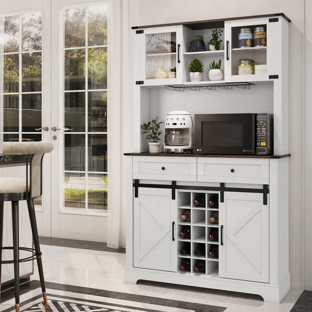 HLR® Wine Bar Buffet Cabinet – Sliding Barn Door, Drawers & Wine/Glass Rack – Stylish Storage for Dining Room