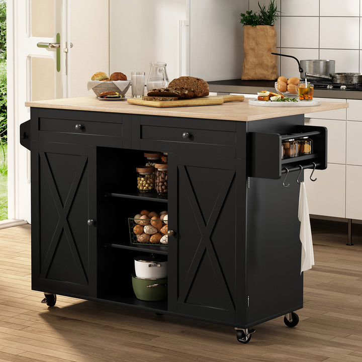 HLR® Rolling Kitchen Island with Drop-Leaf Countertop & Barn Door Design – Mobile Cart with Storage Cabinet & Tower Rack for Kitchen