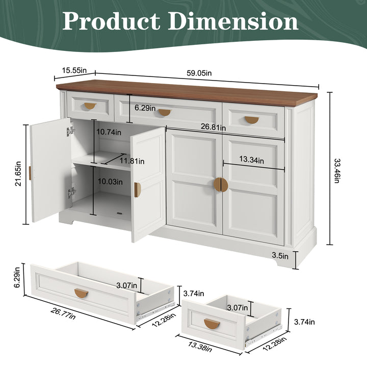 HLR® 59" Modern Large Sideboard Buffet Cabinet with 3 Drawers & 4 Doors – Organize Kitchen Clutter & Maximize Space, Green/White