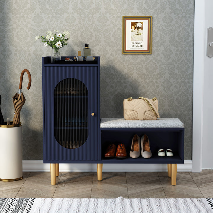 HLR® Modern Shoe Cabinet Bench – Glass Door, Shelf & Padded Seat – Multifunctional Storage for Entryway & Hallway