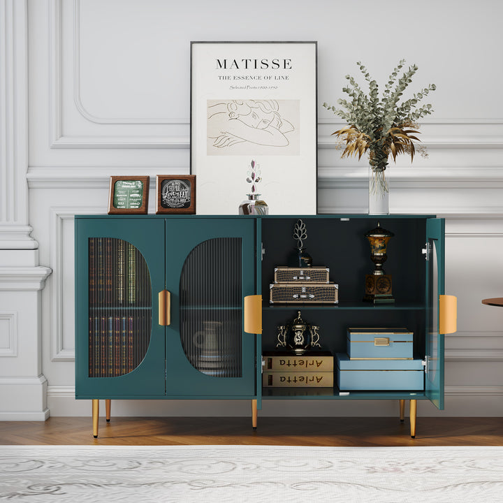 HLR® Wood Accent Sideboard Buffet with 4-Glass Door Storage – Stylish Organizer for Dining, Kitchen, Living Room & Hallway