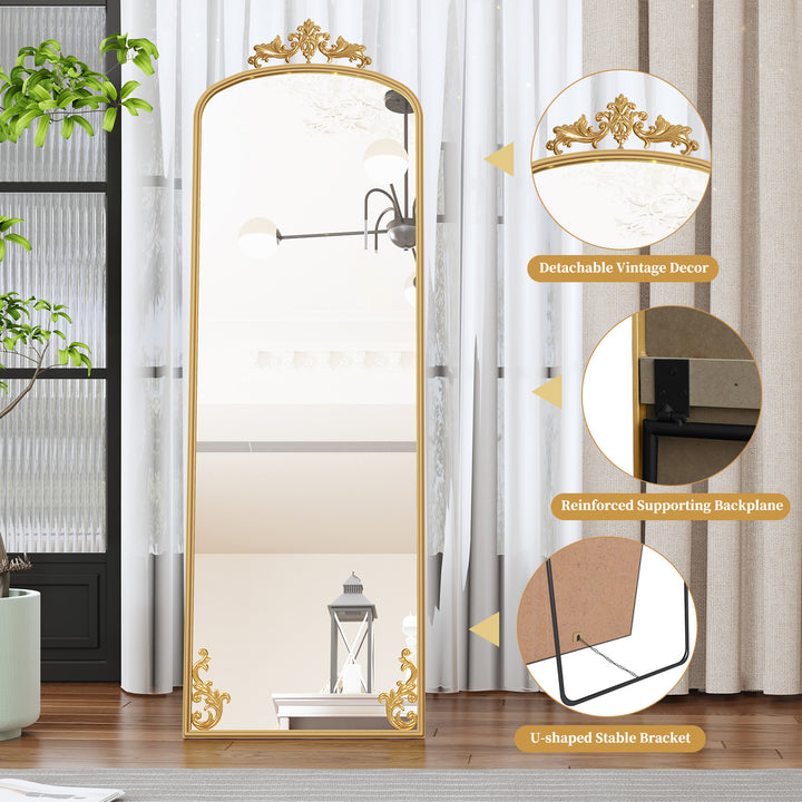 HLR® Arched Full Length Floor Mirror with Carved Metal Frame – 65" Tall – Stylish Home Decor for Bedroom, Dressing Room & Entryway