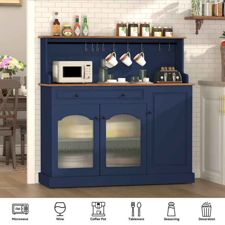 HLR® 48" Farmhouse-Style Kitchen Pantry with Glass Doors & Drawer – Wood Coffee Bar Cabinet with Microwave Hutch for Living & Dining Rooms