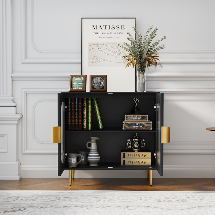 HLR® Modern Wood Credenza Sideboard – 2-Glass Door Storage – Stylish Organizer for Kitchen, Dining & Living Room