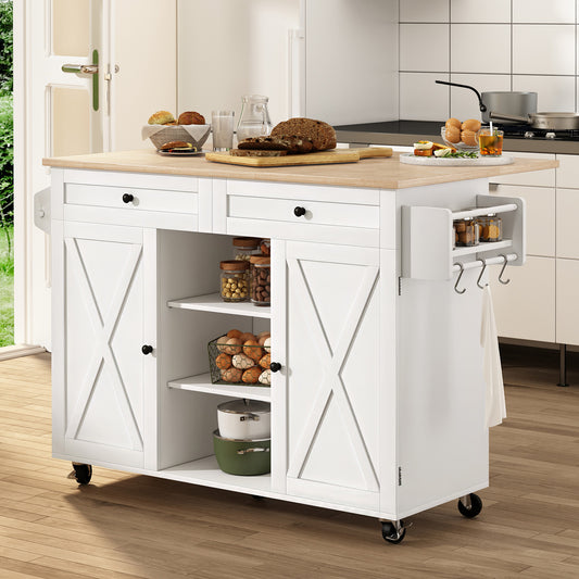 HLR® Rolling Kitchen Island with Drop-Leaf Countertop & Barn Door Design – Mobile Cart with Storage Cabinet & Tower Rack for Kitchen