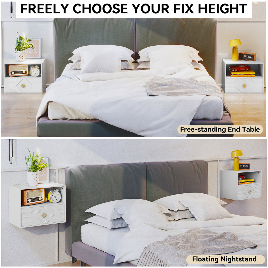 HLR® Modern Floating Nightstand Set of 2 with Drawer & Embossed Design – Wall-Mounted Bedside Tables with Storage for Bedroom