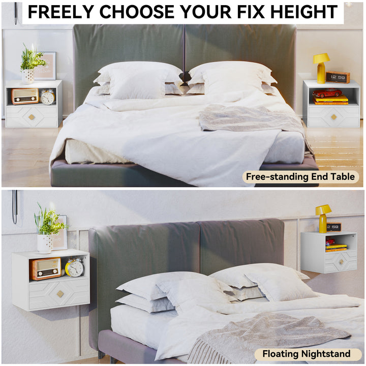 HLR® Modern Floating Nightstand Set of 2 with Drawer & Embossed Design – Wall-Mounted Bedside Tables with Storage for Bedroom
