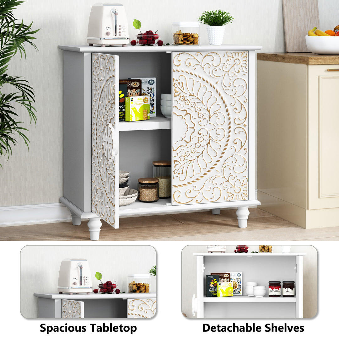 HLR® Wood Credenza Sideboard – 2-Door Storage & Hand-Carved Floral Design – Decorative Organizer for Entryway, Living & Dining