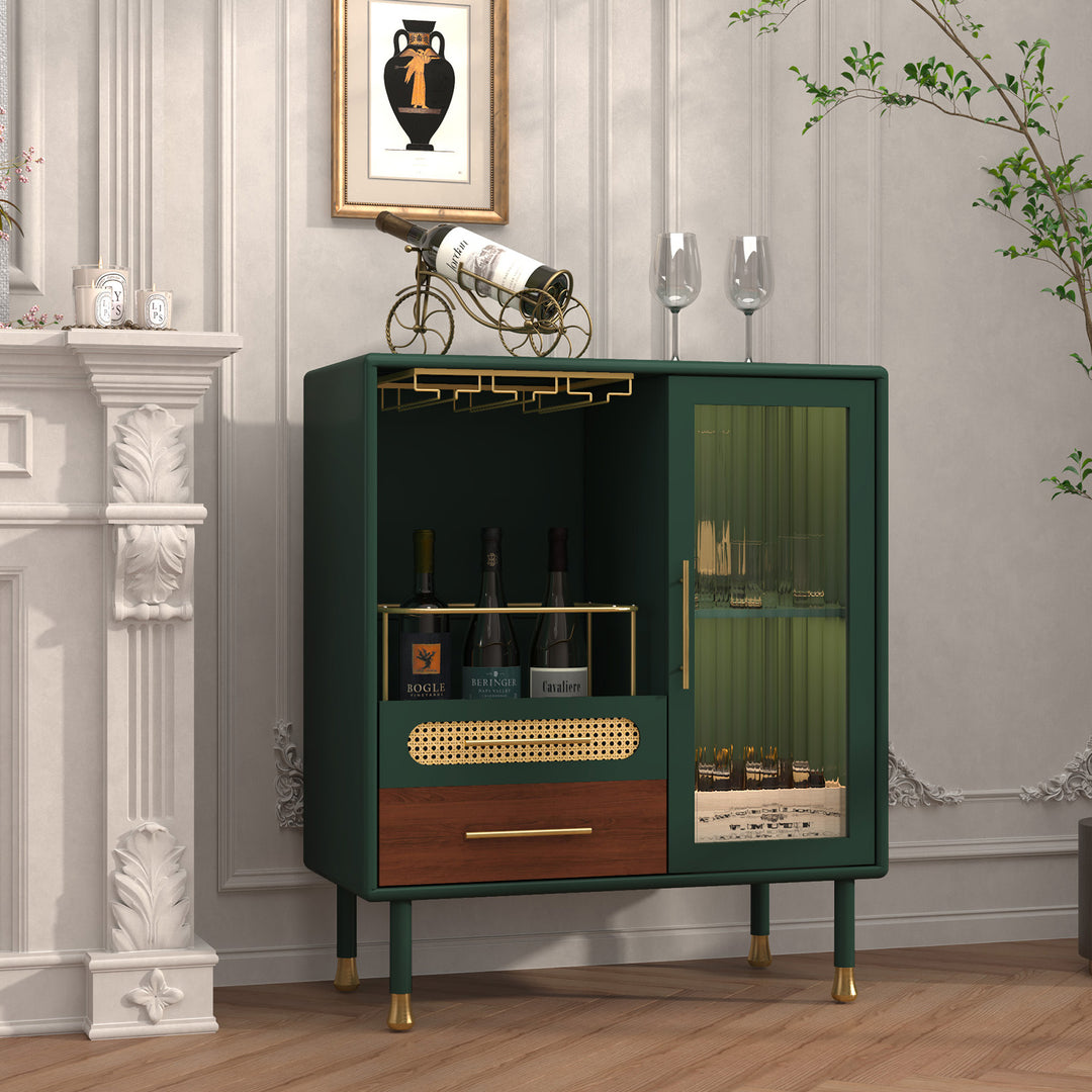 HLR® Modern Green Coffee Bar & Liquor Cabinet – Pull-Out Wine Storage, Wine Glass Rack & Drawers – Versatile Storage for Kitchen, Dining & Living Room