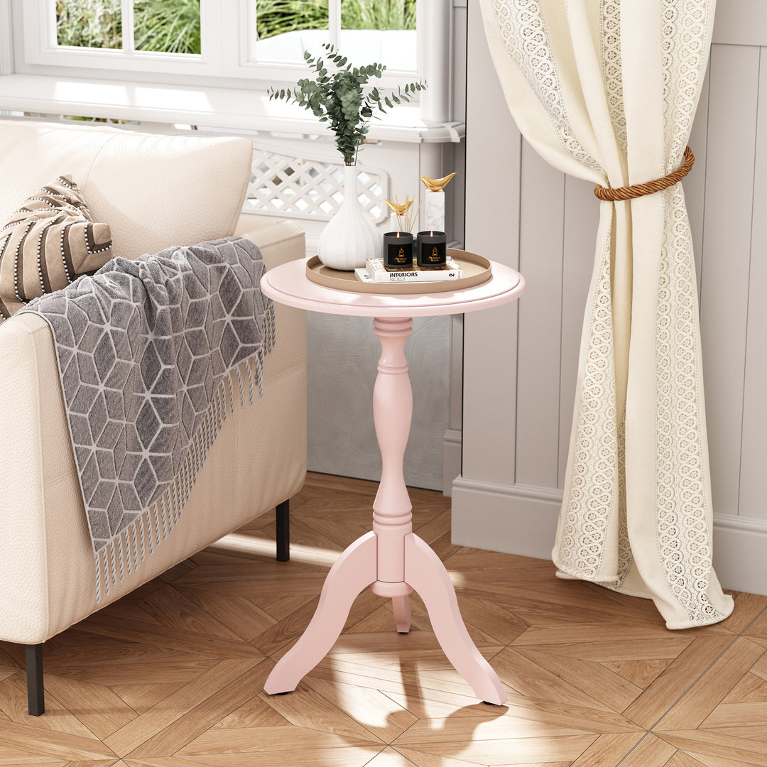 HLR® Pink Round Wooden Pedestal End Table – Vintage-Inspired Side Table with Textured Design for Living, Bedroom & Entryway