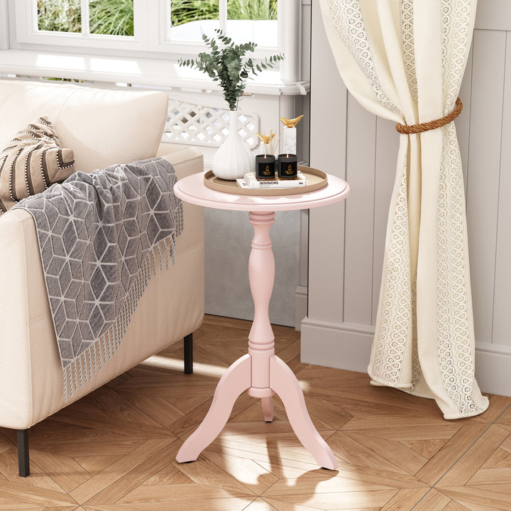 HLR® Pink Round Wooden Pedestal End Table – Vintage-Inspired Side Table with Textured Design for Living, Bedroom & Entryway