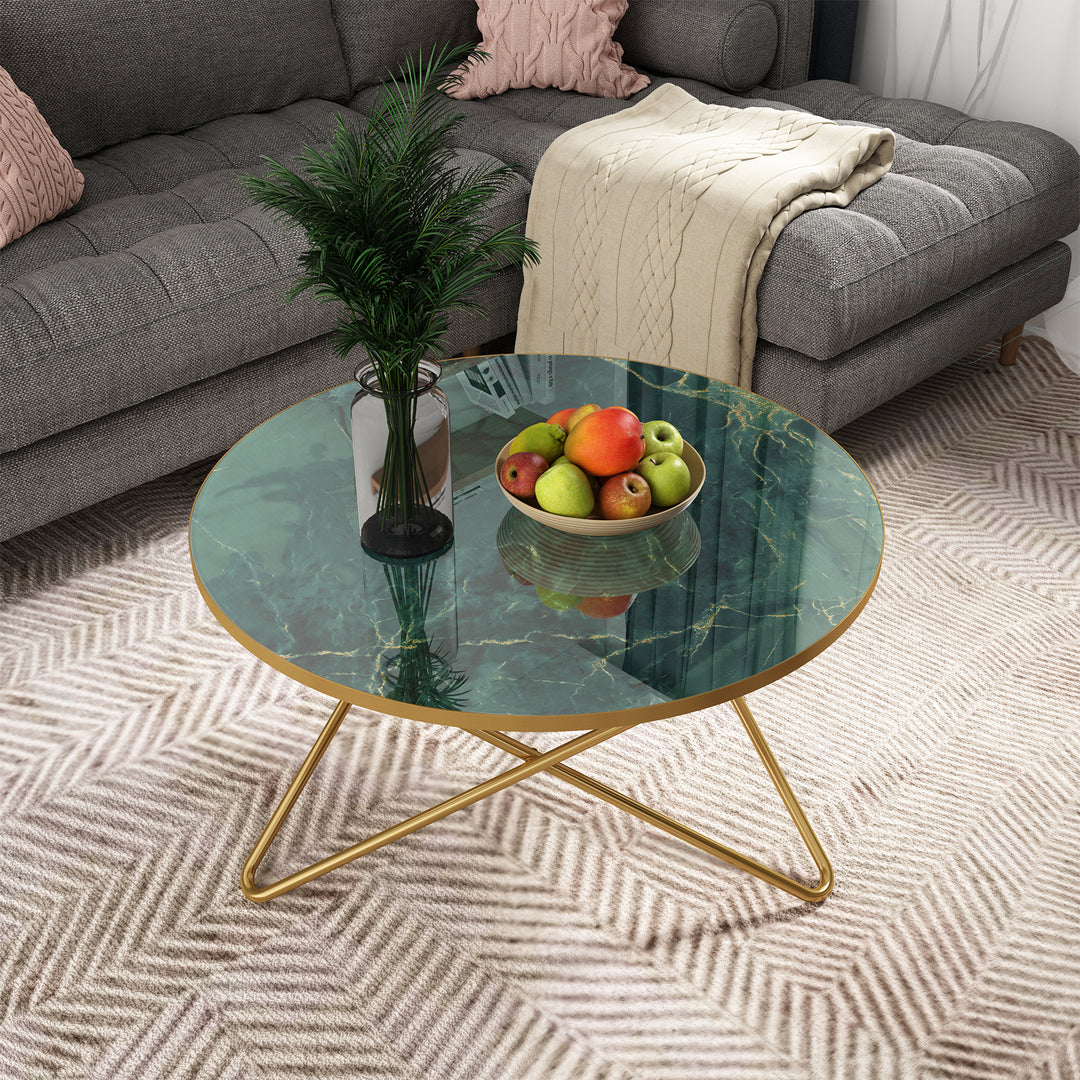 HLR® Modern Round Coffee Table – Sleek Green Faux Marble Top – Stylish Centerpiece for Living Room & Office