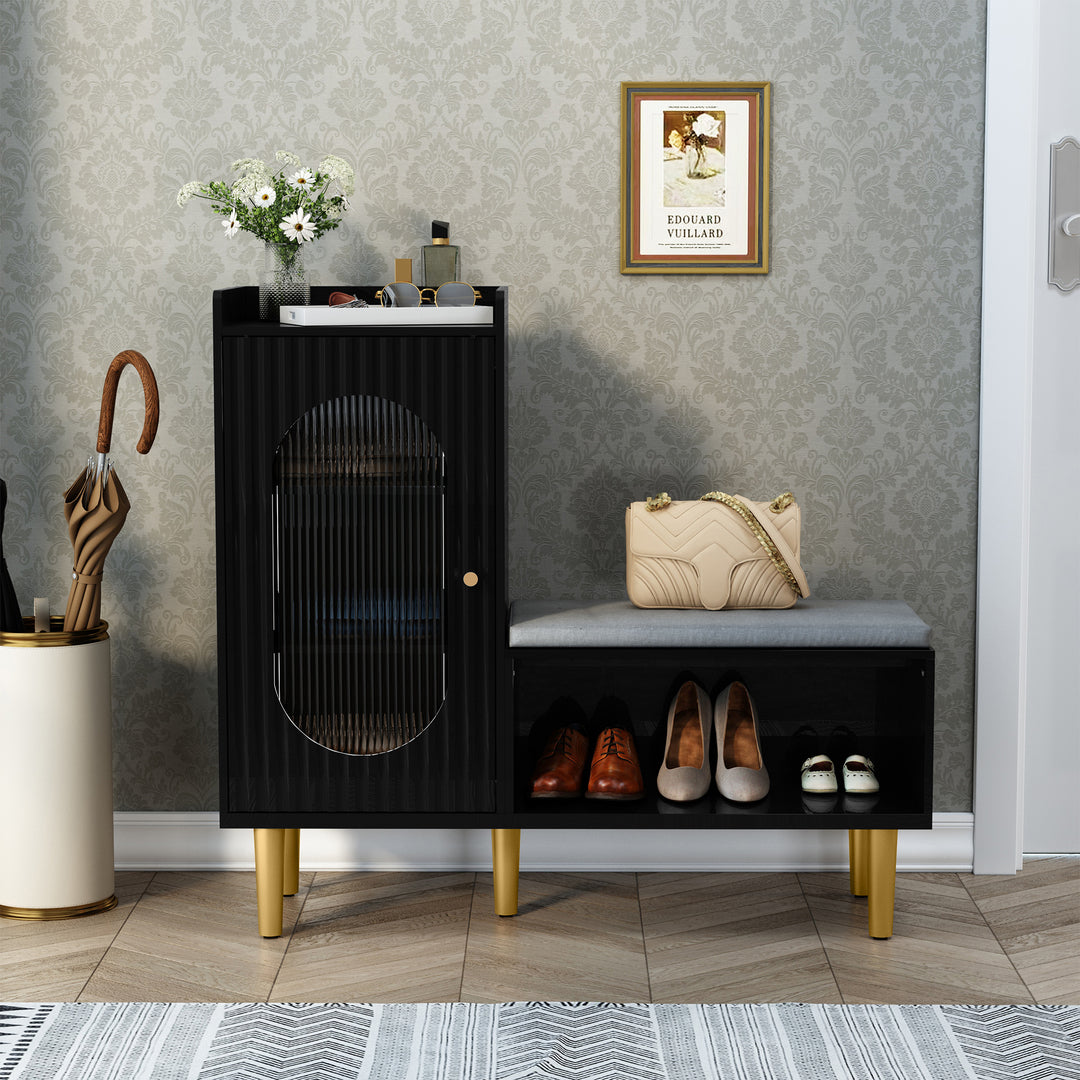 HLR® Modern Shoe Cabinet Bench – Glass Door, Shelf & Padded Seat – Multifunctional Storage for Entryway & Hallway