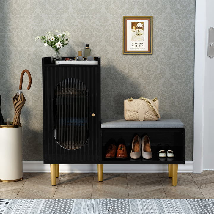 HLR® Modern Shoe Cabinet Bench – Glass Door, Shelf & Padded Seat – Multifunctional Storage for Entryway & Hallway