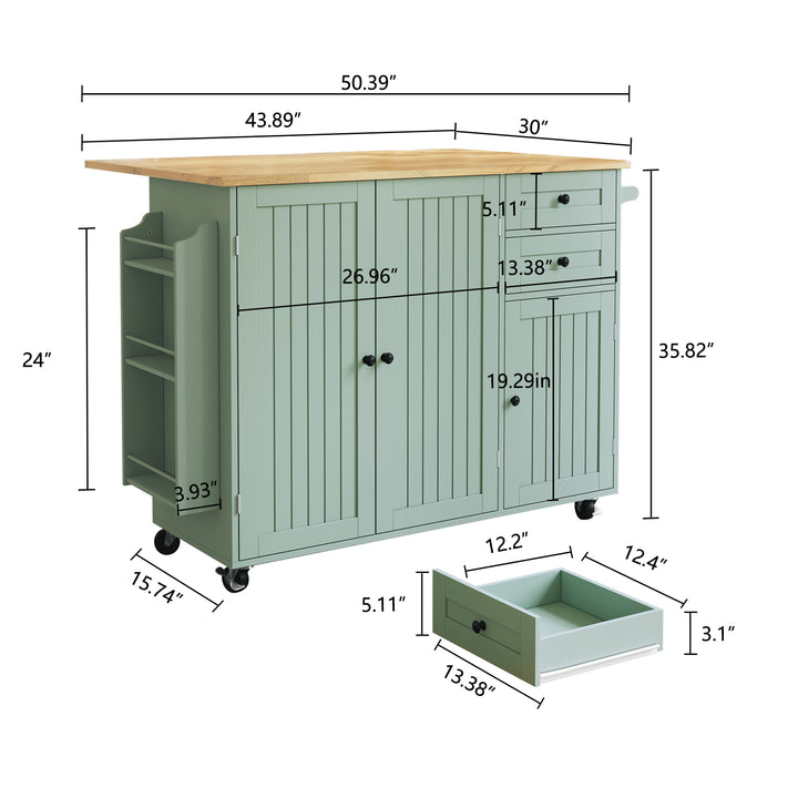 HLR® 50.4" Multifunctional Wooden Kitchen Island – 3 Doors, 2 Drawers, Spice Rack & Storage (Prep & Organization Cart)