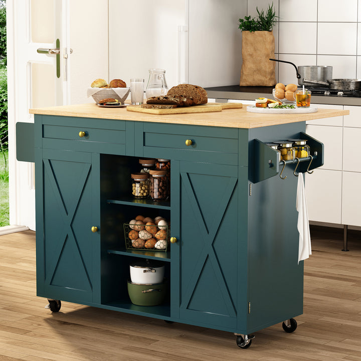HLR® Rolling Kitchen Island with Drop-Leaf Countertop & Barn Door Design – Mobile Cart with Storage Cabinet & Tower Rack for Kitchen