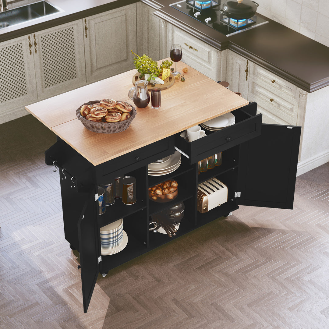HLR® Rolling Kitchen Island with Drop-Leaf Countertop & Barn Door Design – Mobile Cart with Storage Cabinet & Tower Rack for Kitchen