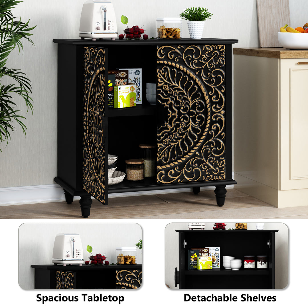 HLR® Wood Credenza Sideboard – 2-Door Storage & Carved Flower Design – Decorative Organizer for Living, Dining & Entryway