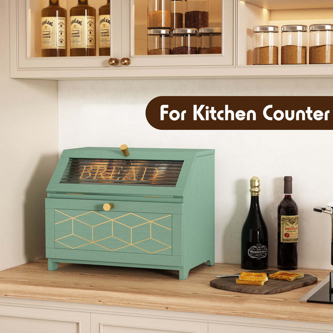 HLR® Double Layer Wooden Bread Box with Golden Trim – Space-Saving Corner Design – Countertop Kitchen Storage