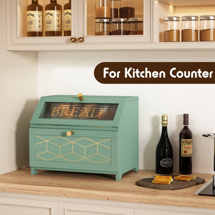 HLR® Double Layer Wooden Bread Box with Golden Trim – Space-Saving Corner Design – Countertop Kitchen Storage