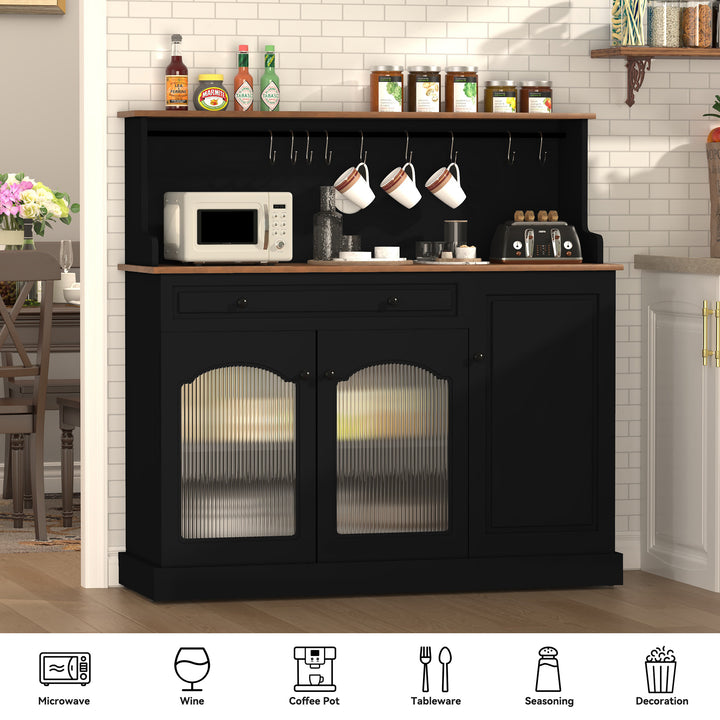 HLR® 48" Farmhouse-Style Kitchen Pantry with Glass Doors & Drawer – Wood Coffee Bar Cabinet with Microwave Hutch for Living & Dining Rooms